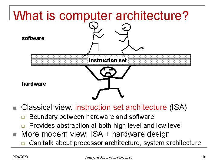 What is computer architecture? software instruction set hardware n Classical view: instruction set architecture