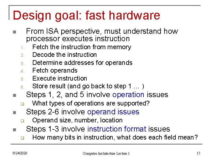 Design goal: fast hardware From ISA perspective, must understand how processor executes instruction n