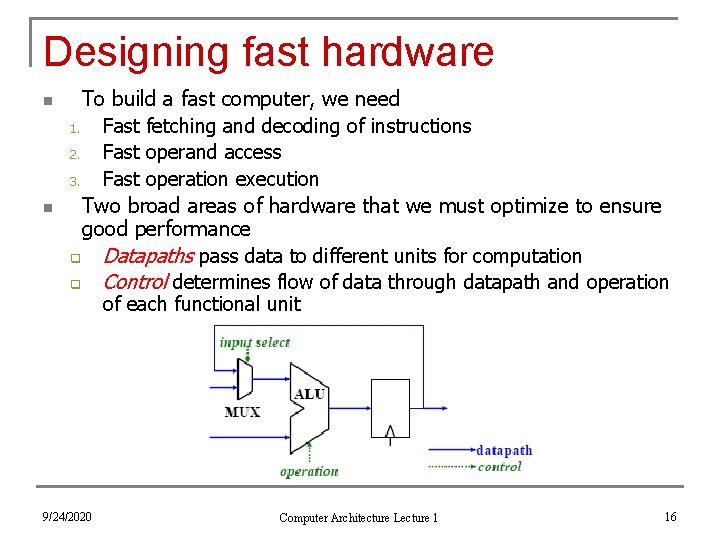 Designing fast hardware n n To build a fast computer, we need 1. Fast