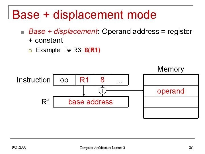 Base + displacement mode n Base + displacement: Operand address = register + constant