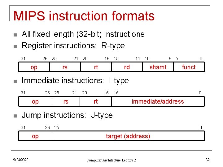 MIPS instruction formats n n All fixed length (32 -bit) instructions Register instructions: R-type