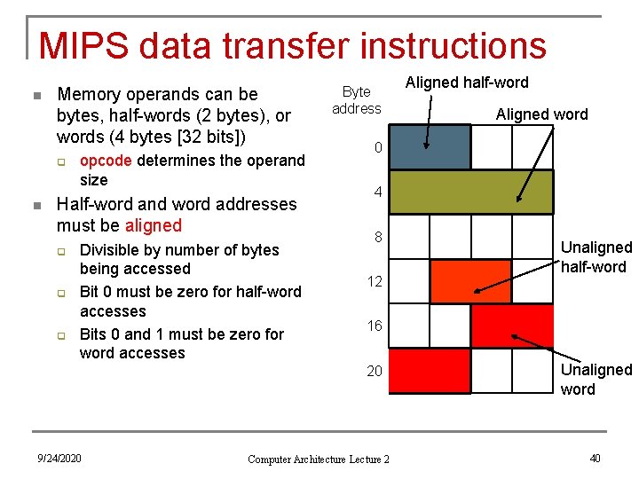 MIPS data transfer instructions n Memory operands can be bytes, half-words (2 bytes), or