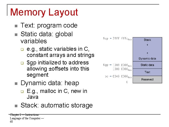 Memory Layout n n Text: program code Static data: global variables q q n