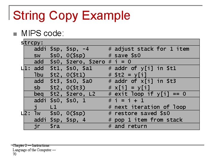 String Copy Example n MIPS code: strcpy: addi sw add L 1: add lbu