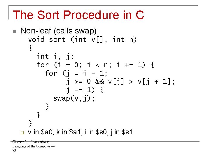 The Sort Procedure in C n Non-leaf (calls swap) q void sort (int v[],