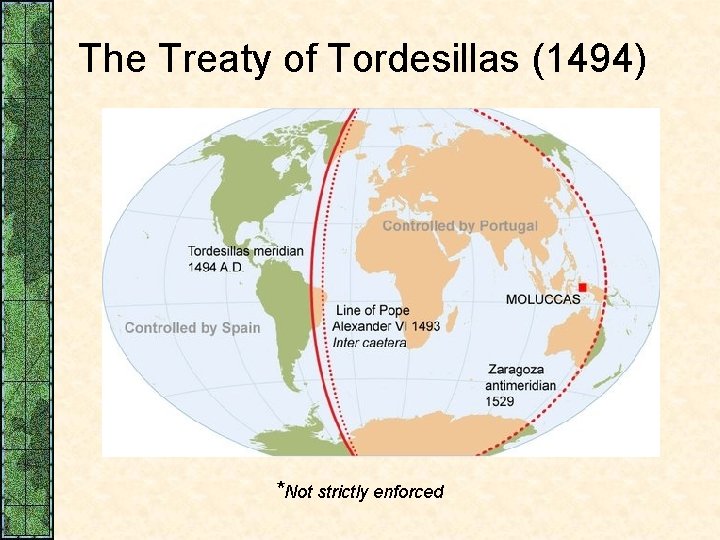 The Treaty of Tordesillas (1494) *Not strictly enforced 