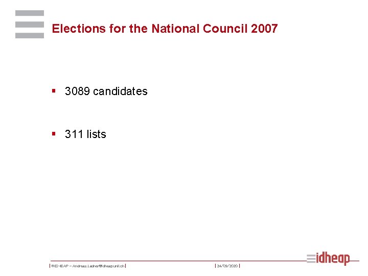 Elections for the National Council 2007 § 3089 candidates § 311 lists | ©IDHEAP