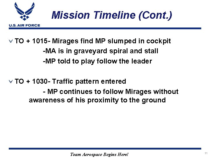 Mission Timeline (Cont. ) TO + 1015 - Mirages find MP slumped in cockpit