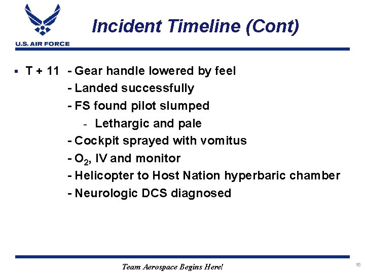 Incident Timeline (Cont) § T + 11 - Gear handle lowered by feel -