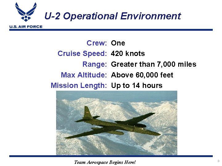 U-2 Operational Environment Crew: Cruise Speed: Range: Max Altitude: Mission Length: One 420 knots