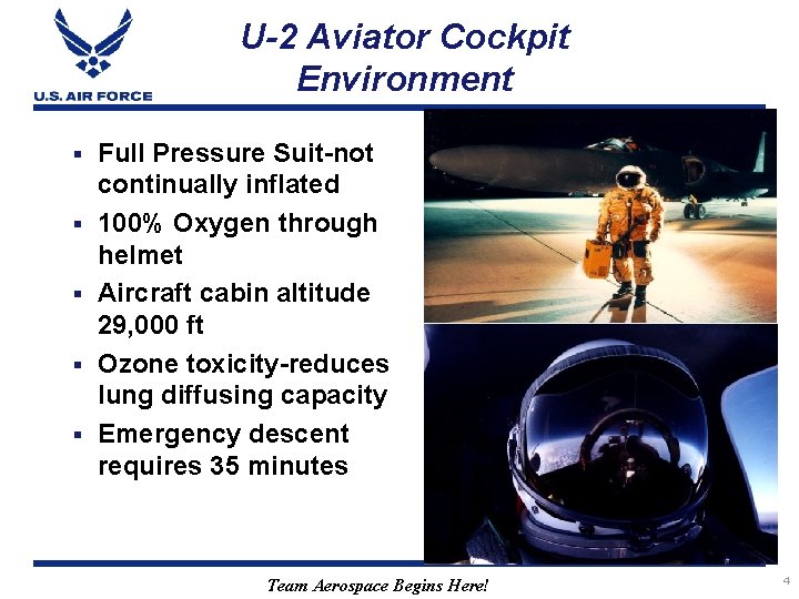 U-2 Aviator Cockpit Environment § § § Full Pressure Suit-not continually inflated 100% Oxygen