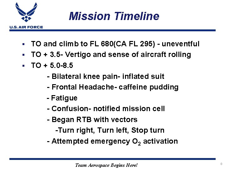 Mission Timeline TO and climb to FL 680(CA FL 295) - uneventful § TO