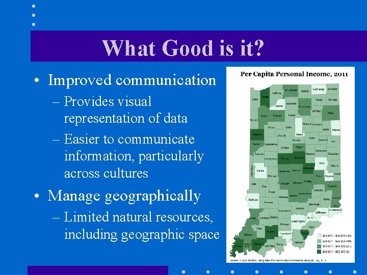 What Good is it? • Improved communication – Provides visual representation of data –