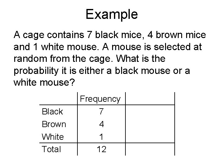 Example A cage contains 7 black mice, 4 brown mice and 1 white mouse.