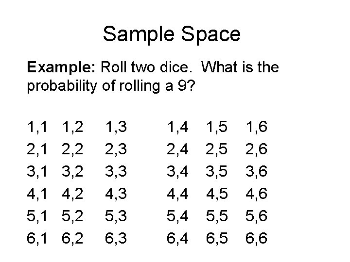 Sample Space Example: Roll two dice. What is the probability of rolling a 9?