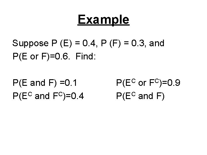 Example Suppose P (E) = 0. 4, P (F) = 0. 3, and P(E