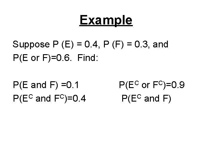 Example Suppose P (E) = 0. 4, P (F) = 0. 3, and P(E