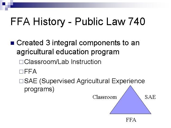 FFA History - Public Law 740 n Created 3 integral components to an agricultural