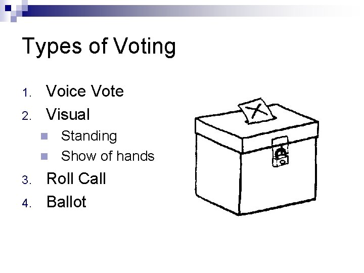 Types of Voting 1. 2. Voice Vote Visual Standing n Show of hands n