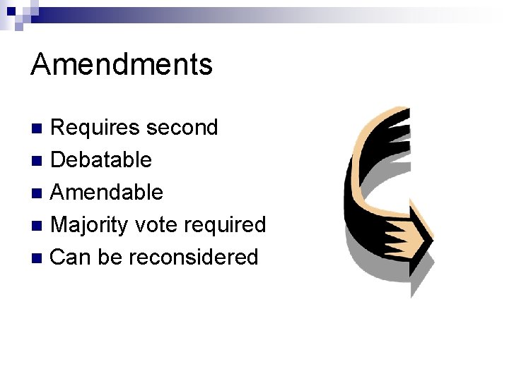 Amendments Requires second n Debatable n Amendable n Majority vote required n Can be