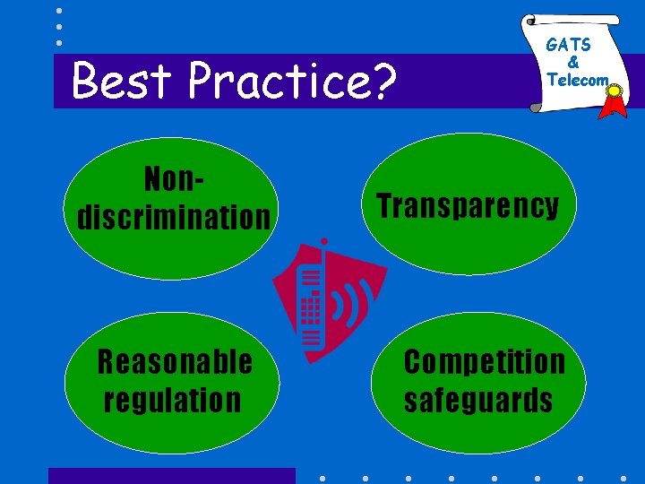 Best Practice? Nondiscrimination Reasonable regulation GATS & Telecom Transparency Competition safeguards 