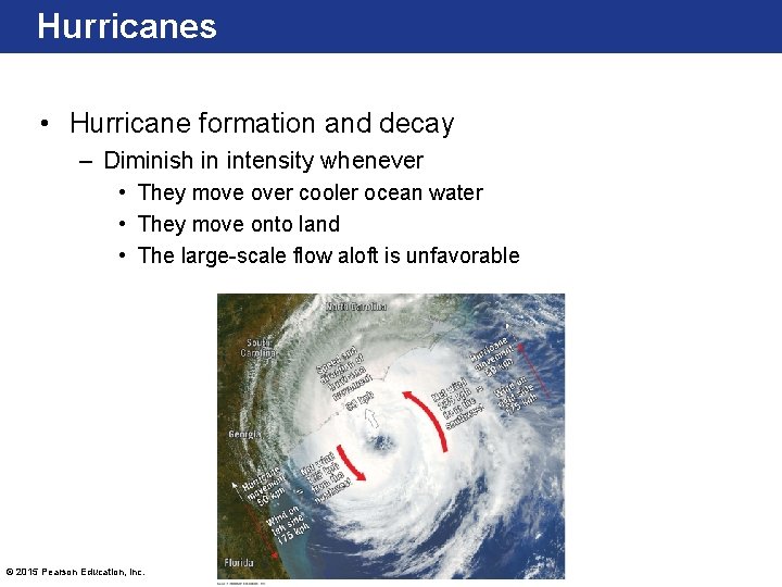 Hurricanes • Hurricane formation and decay – Diminish in intensity whenever • They move
