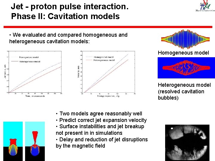 Jet - proton pulse interaction. Phase II: Cavitation models • We evaluated and compared