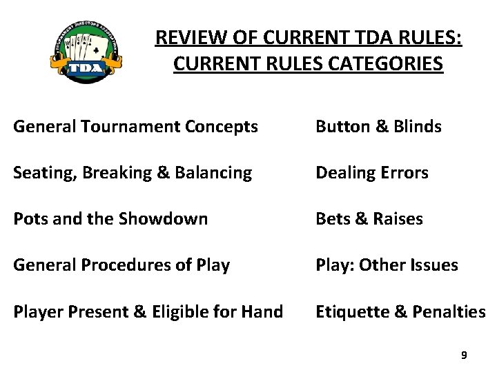 REVIEW OF CURRENT TDA RULES: CURRENT RULES CATEGORIES General Tournament Concepts Button & Blinds