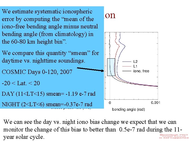 We estimate systematic ionospheric error by computing the “mean of the iono-free bending angle
