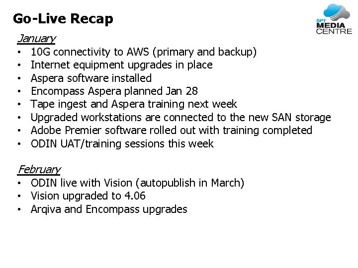 Go-Live Recap January • 10 G connectivity to AWS (primary and backup) • Internet
