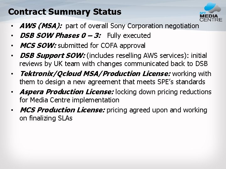 Contract Summary Status • • AWS (MSA): part of overall Sony Corporation negotiation DSB