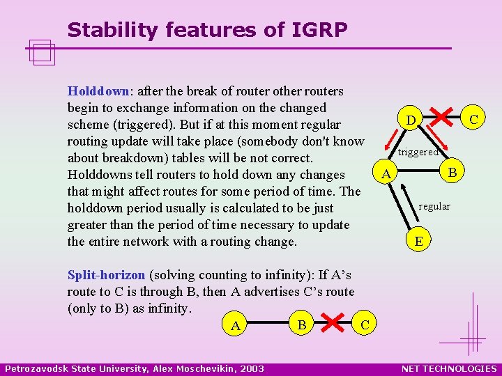 Stability features of IGRP Holddown: after the break of router other routers begin to