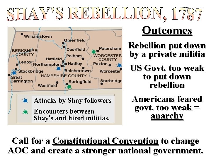 Shays Outcomes Attacks by Shay followers Encounters between Shay’s and hired militias. Rebellion put