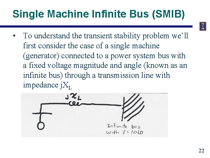 Single Machine Infinite Bus (SMIB) • To understand the transient stability problem we’ll first