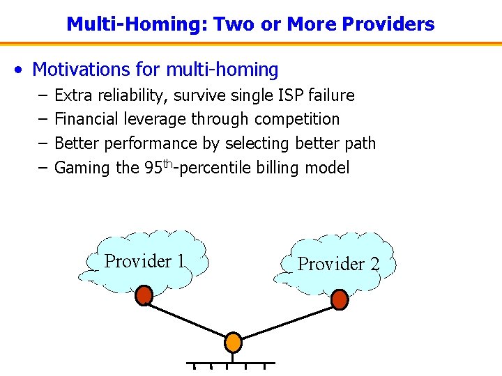 Multi-Homing: Two or More Providers • Motivations for multi-homing – – Extra reliability, survive