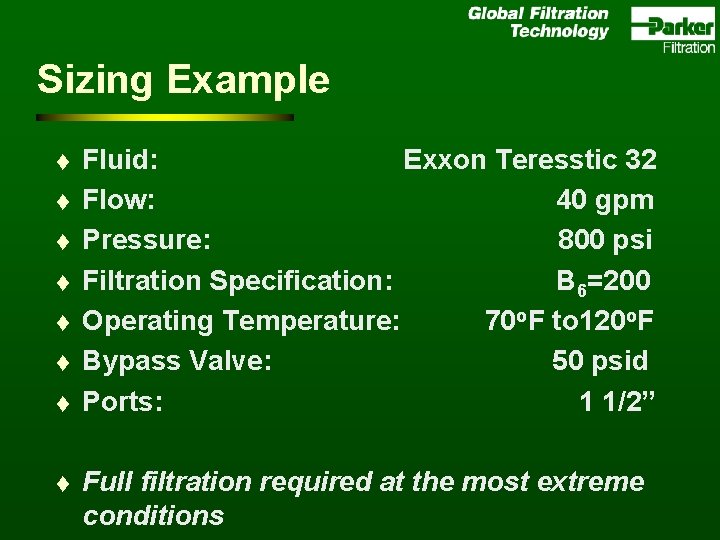 Sizing Example t t t t Fluid: Exxon Teresstic 32 Flow: 40 gpm Pressure: