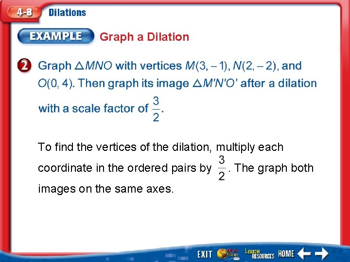 Graph a Dilation To find the vertices of the dilation, multiply each coordinate in