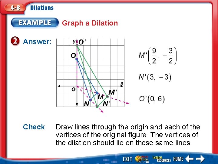Graph a Dilation Answer: Check Draw lines through the origin and each of the