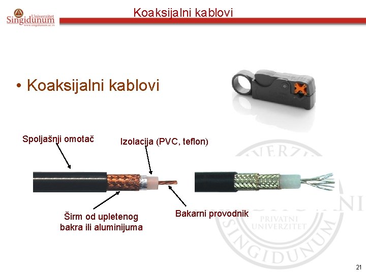 Koaksijalni kablovi • Koaksijalni kablovi Spoljašnji omotač Izolacija (PVC, teflon) Širm od upletenog bakra