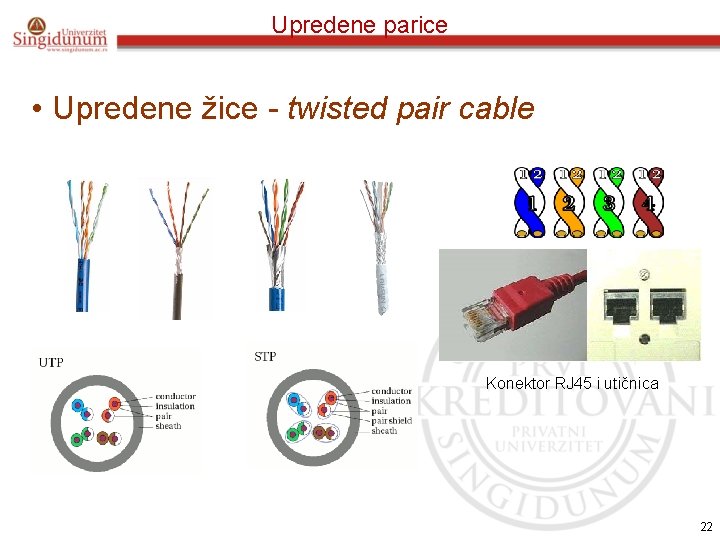 Upredene parice • Upredene žice - twisted pair cable Konektor RJ 45 i utičnica