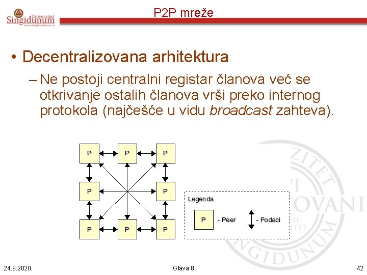 P 2 P mreže • Decentralizovana arhitektura – Ne postoji centralni registar članova već