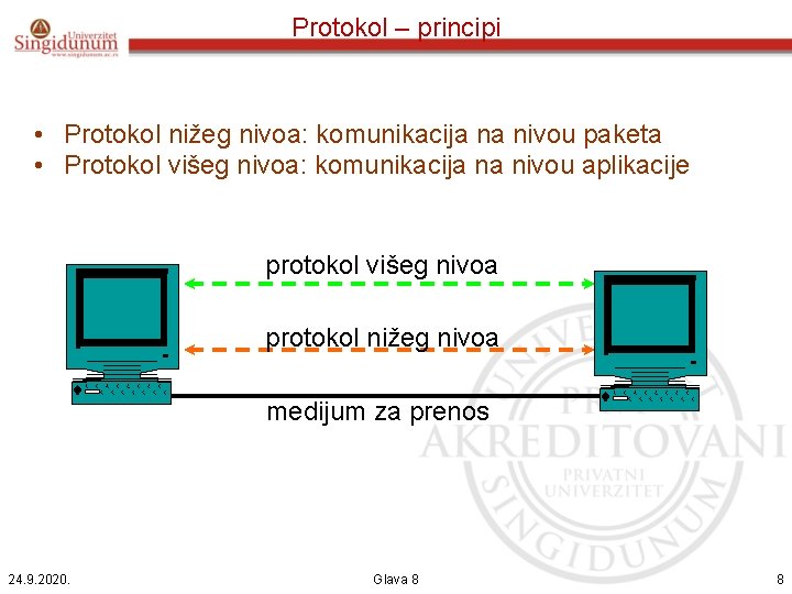 Protokol – principi • Protokol nižeg nivoa: komunikacija na nivou paketa • Protokol višeg