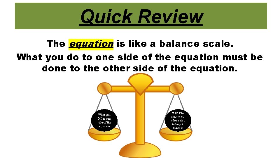 Quick Review The equation is like a balance scale. What you do to one