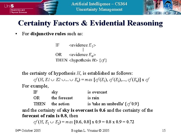 Artificial Intelligence – CS 364 Uncertainty Management Certainty Factors & Evidential Reasoning • For