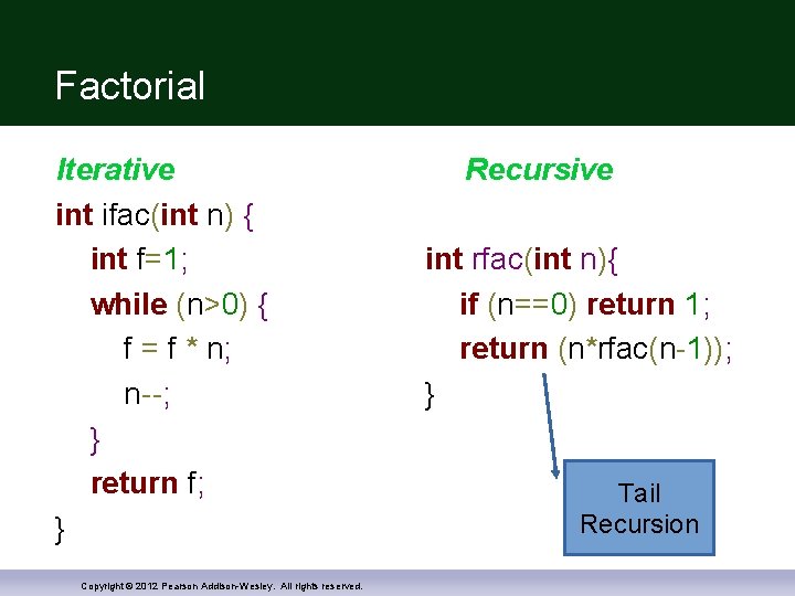 Factorial Iterative int ifac(int n) { int f=1; while (n>0) { f = f