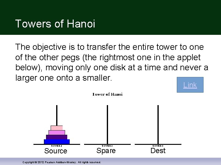 Towers of Hanoi The objective is to transfer the entire tower to one of