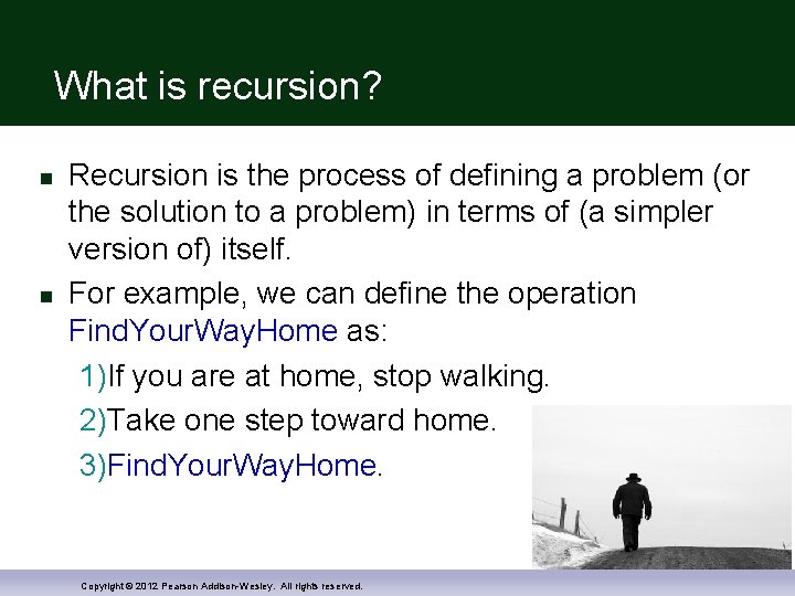 What is recursion? Recursion is the process of defining a problem (or the solution
