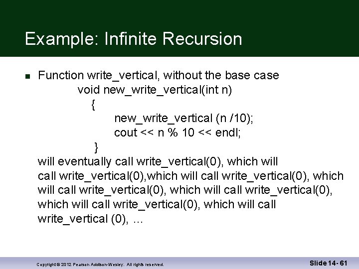 Example: Infinite Recursion Function write_vertical, without the base case void new_write_vertical(int n) { new_write_vertical