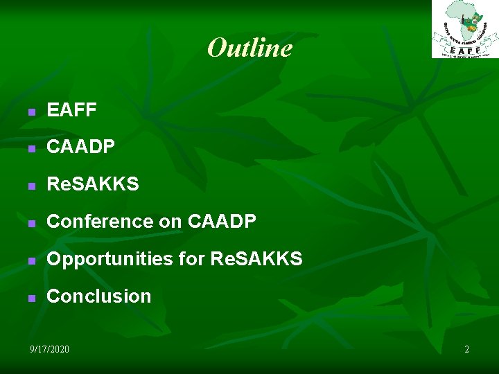 Outline n EAFF n CAADP n Re. SAKKS n Conference on CAADP n Opportunities