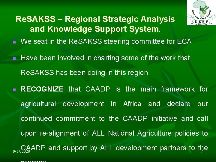 Re. SAKSS – Regional Strategic Analysis and Knowledge Support System. n We seat in